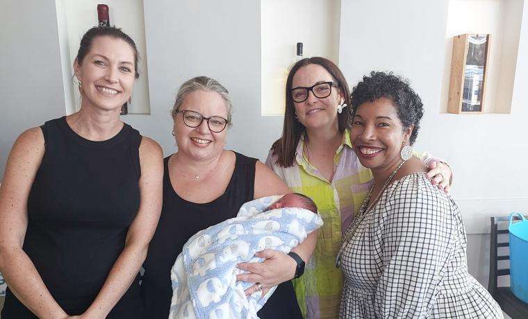Joanne Duscher, left, shared her story about her birthing experience when she spoke at the Indulgence Raffle event at Inverloch’s Inlet Hotel. She’s pictured with Bass Coast Health’s Maternity leaders Relle McMillin (holding Joanne’s son Brayden), Jess Jude and Dr Carmen Brown.