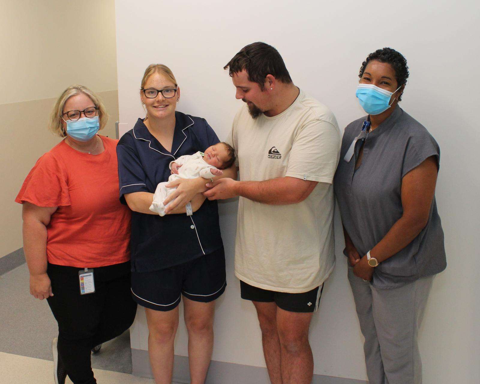 Our Midwifery Unit Manager Relle McMillin with new mum Savanah Marmion, baby Leia Raynes, new father Liam Raynes and our Clinical Director of Women's Services, Carmen Brown.