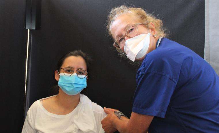 Isabella Kirk received her Pfizer booster from Immunisation Nurse Sandra Dentry at Wonthaggi Town Hall.