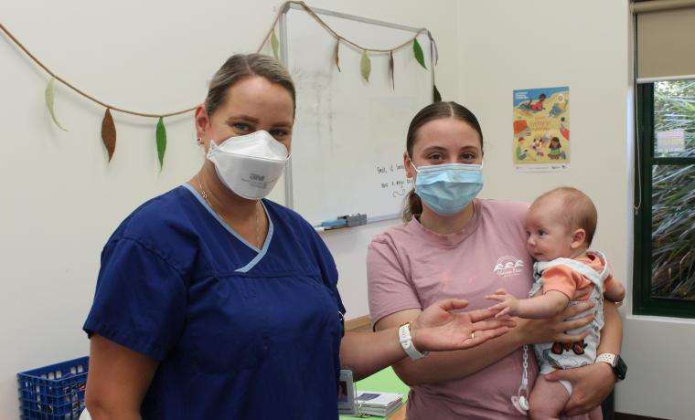 Bass Coast Health Maternal and Child Health Nurse Hayley Blundell with new mum Cloe Booth and her daughter Isabella Peters in the new office at 73 Watt Street, Wonthaggi.