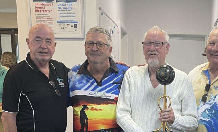 Celebrating the Inverloch Bowling Club’s successful fundraiser were, from left, Inverloch Fundraising Auxiliary member Klaus Edel, winning bowlers Bruce Corrigan, Dave Murfin and Steve Snelling, with Bass Coast Health’s Volunteer and Fundraising Manager Mandy Gilcrist.