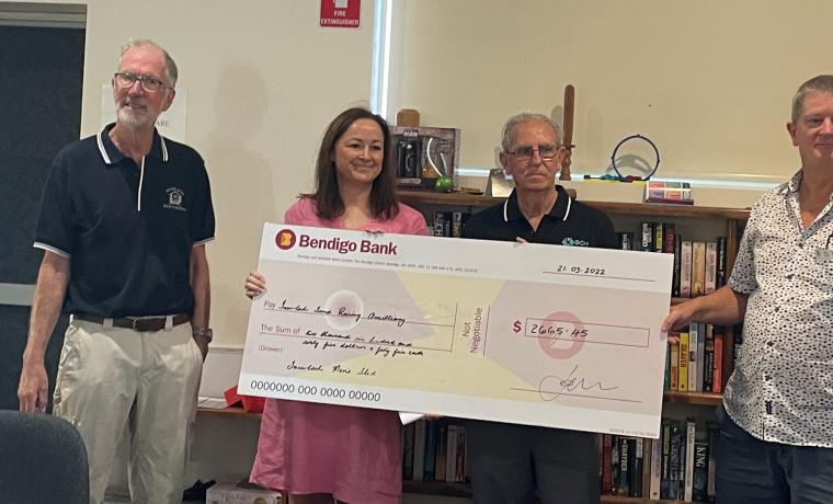 Inverloch Men’s Shed President Matt McDonald (left) and member Bill Damm (right) present a cheque to Bass Coast Health’s Executive Director of Clinical Services Christine Henderson and BCH Inverloch Fundraising Auxiliary Secretary Terry Hall.