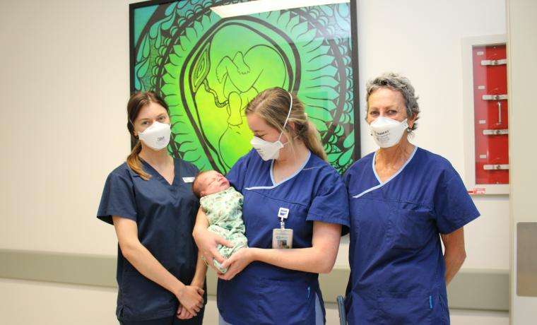 Bass Coast Health Midwives Kyra Celebrine, Maddy Butler and Pauline Humber with baby Charlie Wilms.