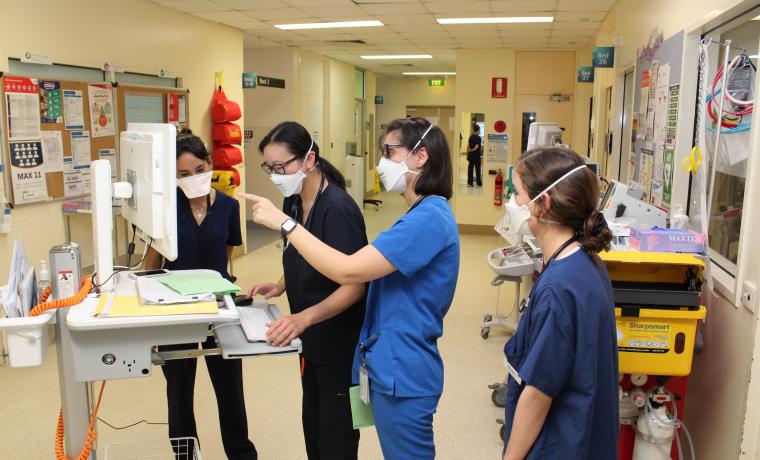 Dr Madona Nassif General Medicine HMO, Dr Jo Ann Chow General Medicine Specialist, Dr Golchin Alian Medical Registrar and medical student Morgan Peel in the Acute Ward at Wonthaggi Hospital.