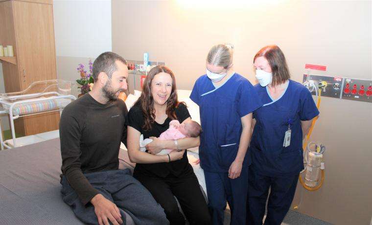 Kate and Jack Malzinskas, with their first child Bonnie, appreciated the support of Midwives Eden Roney and Melanie Shields at Wonthaggi Hospital.