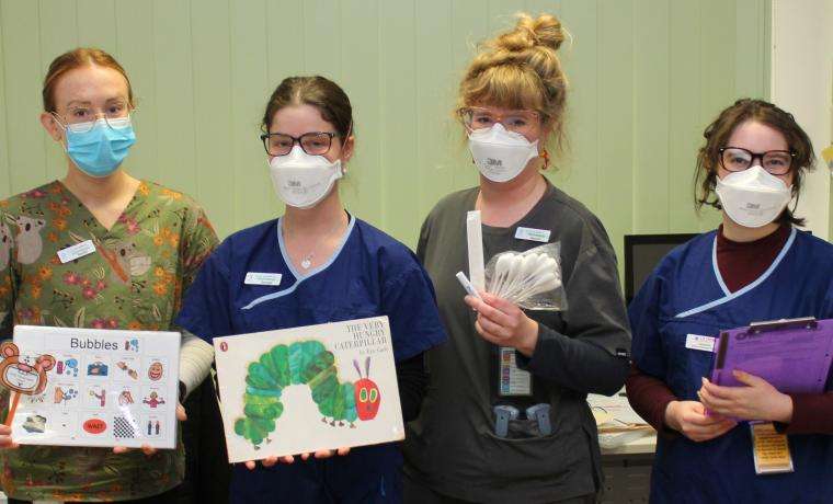 Among the Speech Pathology team at Bass Coast Health are, from left, Speech Pathologists Maddy Caddy and Georgie Butt, Speech Pathology and Dietetics Leader Hannah Toose and student speech pathologist Jasmine Roberts, with the tools of their trade.