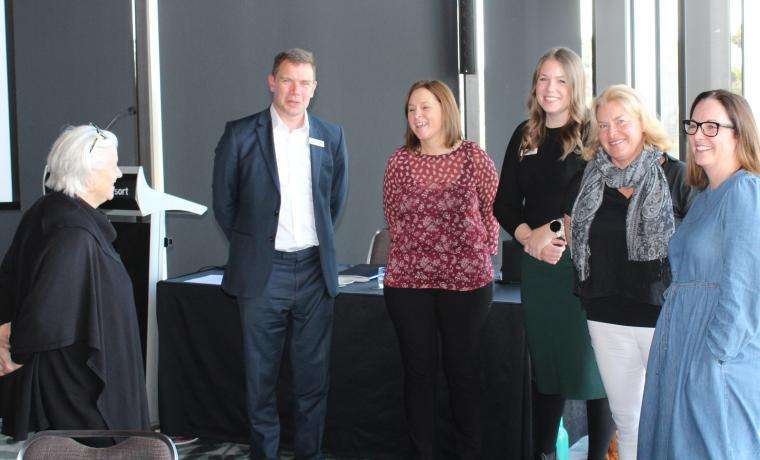 Discussing the operational commissioning of the Wonthaggi Hospital Expansion (WHE) project at the workshop were, from left, Bass Coast Health CEO Jan Child, Alastair Haigh from Alfred Health, Executive Director - WHE Commissioning Lou Sparkes, Carly Davis from Alfred Health, Service Development Director Kerryn Griffiths, and Major Projects and Electronic Medical Record Director Jess Jude.