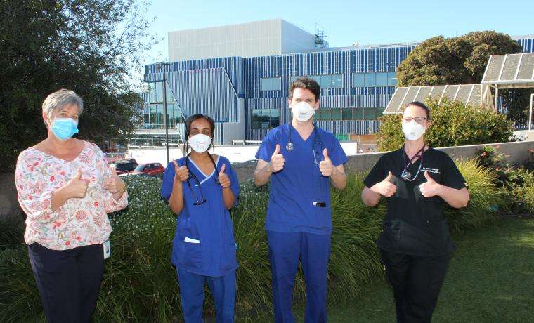 Celebrating positive feedback from the Postgraduate Medical Council of Victoria are Bass Coast Health’s Medical Workforce Team Manager Shannon Burke, Geriatric Advanced Trainee Dr Arrhchanah Balachandran, Hospital Medical Officer Dr Dean Nelson and Chief Medical Officer Dr Renee Kelsall.