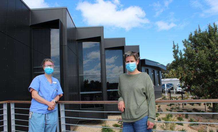 McGrath Breast Care Nurse, Taryn Robinson (left) with breast cancer patient Una Curtin of Wonthaggi outside the L. Rigby Centre at Wonthaggi Hospital.