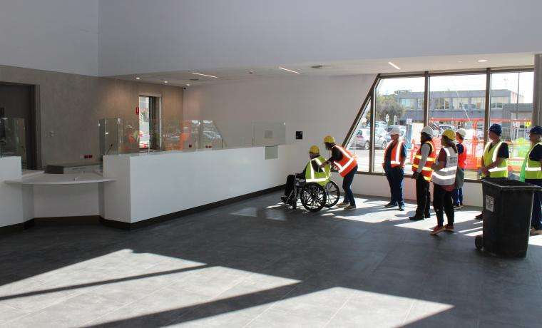The main reception of the Wonthaggi Hospital Expansion is spacious and filled with natural light to create a warm welcome for patients and visitors.