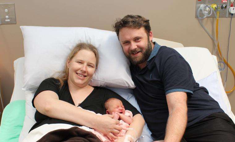 Adeline Grace Crowder, the first baby born at Wonthaggi Hospital in 2023, with delighted parents Jayde Kelly and Michael Crowder.