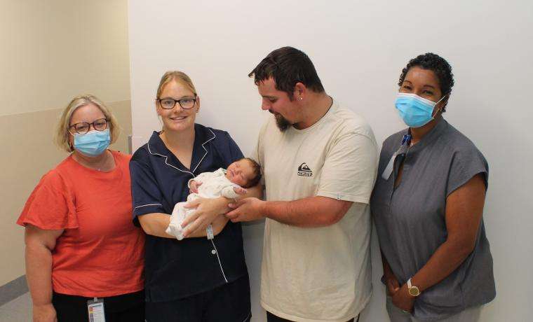 Bass Coast Health’s new Midwifery Unit Manager Relle McMillin (left) and Clinical Director of Women’s Services Dr Carmen Brown (right) with new parents Savanah Marmion and Liam Raynes and their daughter Leia Raynes, all of Corinella.