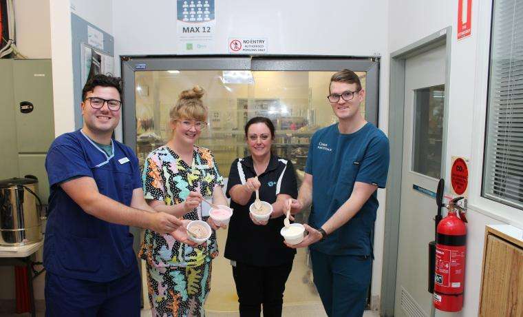 Proudly displaying the new nutritious ice-cream they created for patients and aged care residents are, from left, Bass Coast Health Speech Pathologist Yas Kakracan, Speech Pathology and Dietetics Team Leader Hannah Toose, Food Services Assistant Georgine Triffle and Dietitian Christopher Duff.