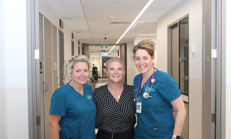 Cat Bunn, centre, is the new Nurse Unit Manager of the Emergency Department at Wonthaggi Hospital. She is congratulated on her appointment by ED Triage Nurse Rachael Robinson, left, and Associate Nurse Unit Manager Kate Lindsay.