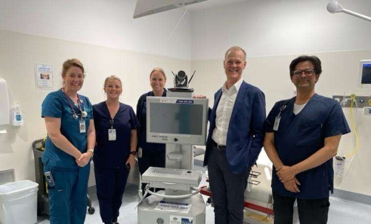 Victorian Stroke Telemedicine representatives Dearne Stewart and Professor Chris Bladin, centre,  inspect the new Emergency Department at Wonthaggi Hospital with Bass Coast Health’s ED Associate  Nurse Unit Manager Kate Lindsay, Nurse Unit Manager Cat Bunn and Clinical Director of Emergency  Medicine Kishan Ajjampur.