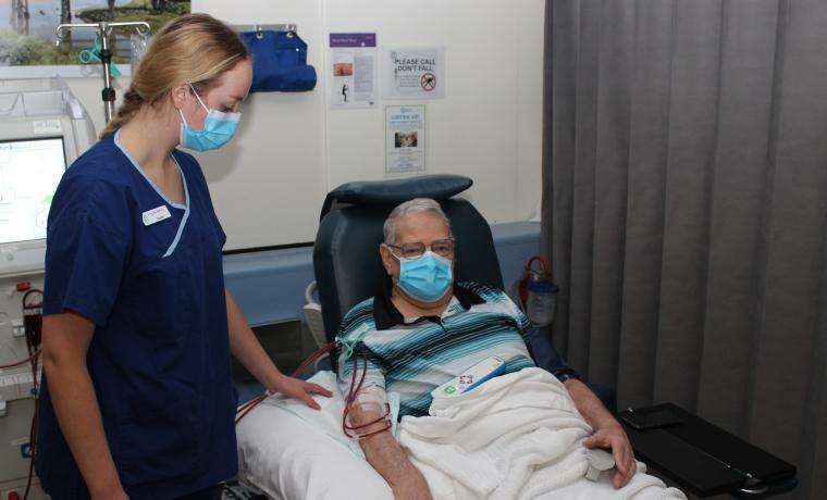 Graduate Registered Nurse Cassie Anagnostou monitors Patient Peter Membrey in Haemodialysis at Wonthaggi Hospital.