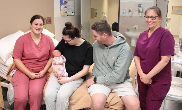 Bass Coast Health Midwives Maddi Carew, left and Amie Brinkman, right, with first-time parents Amy Kearney and Jordan Kearney of Corinella, and baby Asta Kearney.
