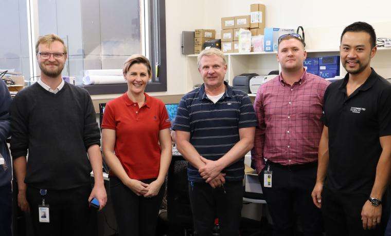 The Spectralink Go Live support team has been helping Bass Coast Health staff adapt to the new  Spectralink clinical handsets. From left, Andre Toussaint, Harley Nicholls, Karryn Panoutsopoulos  (Wavelink), Nathan Louwdijk, Michael Beverley (GHA), Phuc Nguyen (Wavelink) and Dean Poore  (ArchiTech).