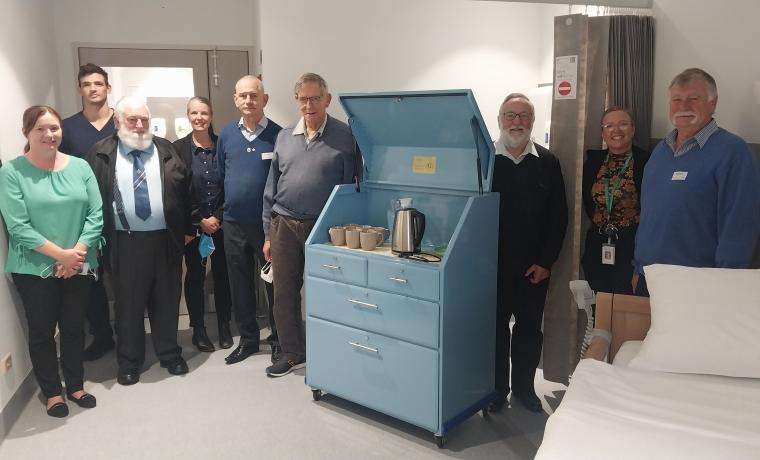 Wonthaggi Freemasons present the trolley to staff. Pictures L-R: Clare Stinton, Callum  Mayling, Don Roy, Kristen Yates-Matthews, Ken Barnes, Glen Richards, Graeme Treloar, Vicki Riley and  Russell Anthony.