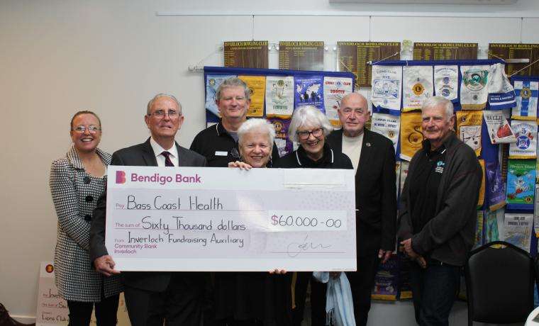 Celebrating the Inverloch Fundraising Auxiliary’s accomplishment of its fundraising target of $60,000 are, from left Bass Coast Health (BCH) Volunteer and Fundraising Manager Vicki Riley, the Auxiliary’s Terry Hall and Bill Damm, BCH CEO Jan Child, and the Auxiliary’s Hazel Missen, Klaus Edel and Ron Missen.