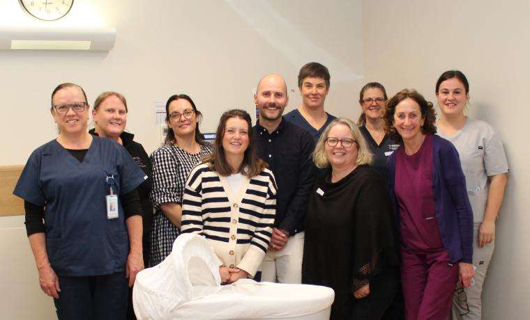 Kit and Blake Norrish, centre, with the Cuddle Cot they gave to the Maternity unit at Wonthaggi Hospital with Bass Coast Health Maternity staff, from left, Brenda Buckland, Lauren Yann, Jess Jude, Min Hopkins, Relle McMillin, Student Midwife Shawnte Smith, Pauline Humbert and Maddi Carew. [