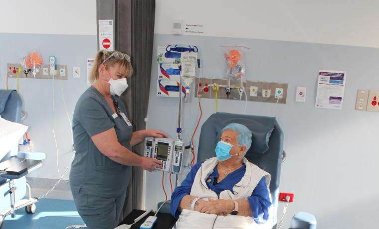 Registered Nurse Linda Tack chats with cancer patient Jean Kirkwood at the L. Rigby Centre cancer  and infusions centre at Wonthaggi Hospital.