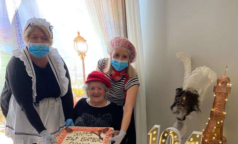 Bonnie Castle with Griffiths Point Lodge’s Lifestyle Team members Donna Dalton and Natasha  Stapleton, who helped bring a taste of Paris to Bonnie for her 104th birthday celebration.