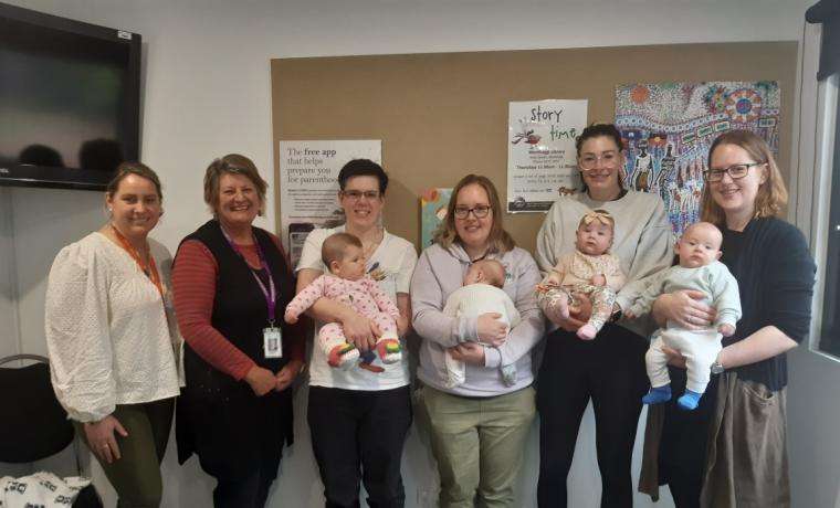 Enjoying the convenience of the new location of Bass Coast Health’s Maternal and Child Health Nurse service at Wonthaggi’s Drysdale Street Kindergarten are, from left, BCH Maternal and Child Health Nurses Hayley Blundell and Bernadette O’Connor with parents and their children, Karryn Simpson and baby Lilly Simpson, Bec O’Neill and baby Isabella Bowler, Elly Wyatt and baby Bobbie Wyatt, and Chloe Else and baby Memphis Else. 