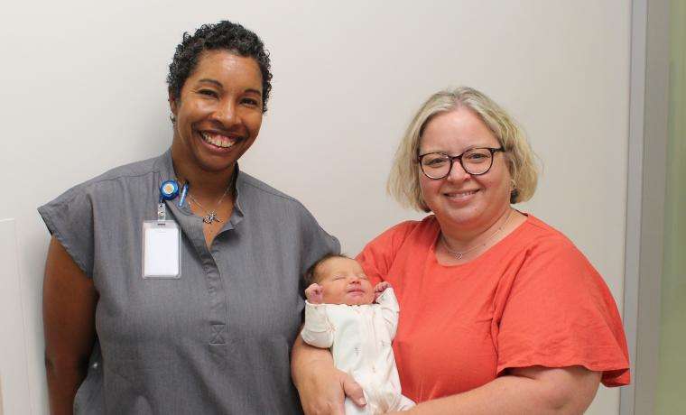 Bass Coast Health’s Clinical Director of Women’s Services Carmen Brown and Maternity Unit Manager Relle McMillin with baby Leia Raynes.