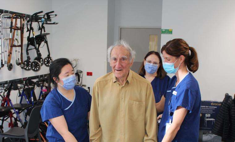 Bass Coast Health Physiotherapist Lisa Lim, Allied Health Assistant Joanne Howard and  Physiotherapist Tracey Johnson work with patient Tom Binks on the Sub-Acute Ward at Wonthaggi  Hospital.