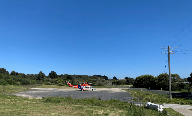 Ambulance Victoria’s helicopter in the lower front carpark at Wonthaggi Hospital that will now become a temporary helipad.