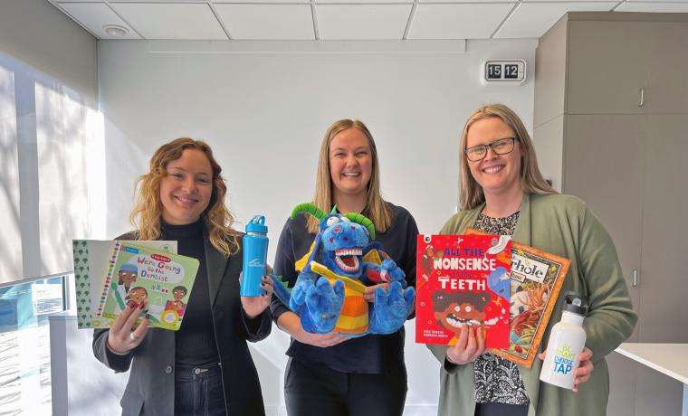 Janika from South Gippsland Water, Beth, Smiles 4 Miles Coordinator and South Coast Prevention Team, and Katrina from Westernport Water promote the drinking of tap water at early childhood services.. 