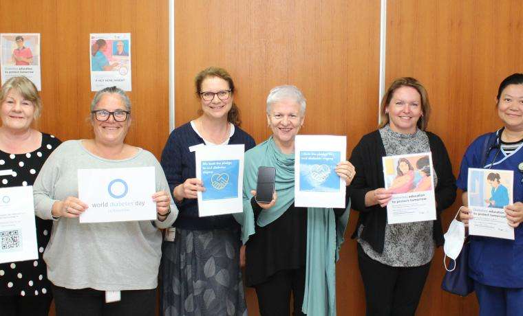 BCH CEO Jan Child (centre) signed Bass Coast Health to the pledge to end diabetes stigma, joined by members of BCH’s diabetes team and nursing staff. From left, Vivienne Prestidge, Jane Ori, Claire Gatto, Jan Child, Kirsten Weinzierl and Dr Su Su Htwe.