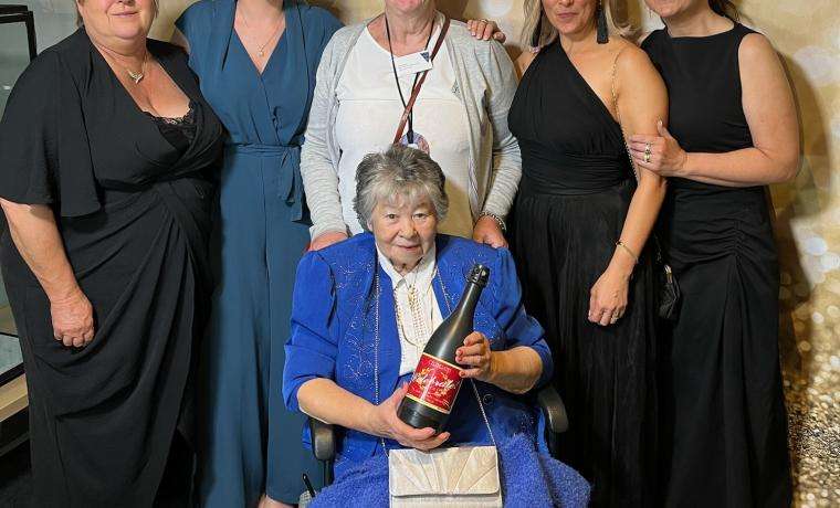 Bucket List recipient and Griffiths Point Lodge resident Betty Pescud, front, at the Victorian Public  Healthcare Awards with Bass Coast Health’s Donna Dalton, Hope Thomas, Janette Elliott, Natasha  Stapleton and Christine Henderson.