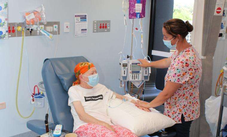 Cancer patient Lynn Pendry receives care from Registered Nurse Erin Passarin at the L. Rigby Centre at  Wonthaggi Hospital.