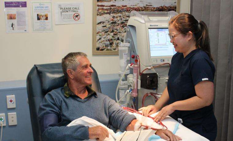 Patient Neale Blunden appreciates the convenient location of the dialysis service at Wonthaggi Hospital, as well as the conversations he shares with staff such as Registered Nurse Maureen Ordona.