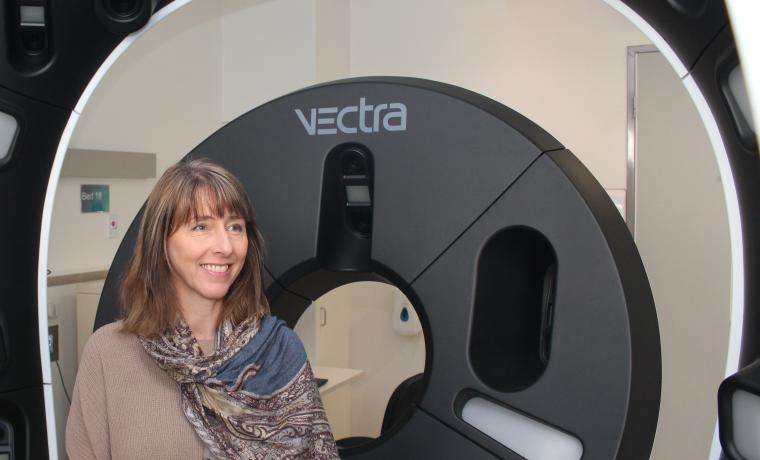 Bass Coast Health’s Clinical Trials Governance Officer, Lyn Corrigan, with the VECTRA machine used to  conduct imaging for melanoma clinical trials at Wonthaggi Hospital.
