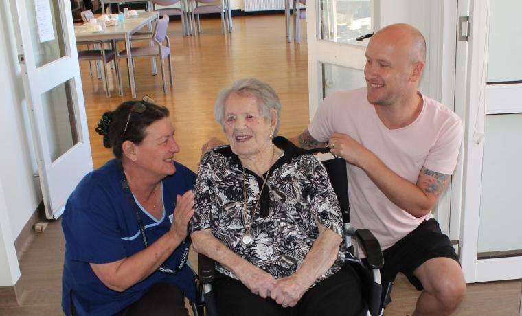Registered Nurse Anne Drennan with resident Bonnie Castles and family friend and BCH’s Stephen Allen, at Griffiths Point Lodge, San Remo, where there is now a Registered Nurse on-site 24/7.