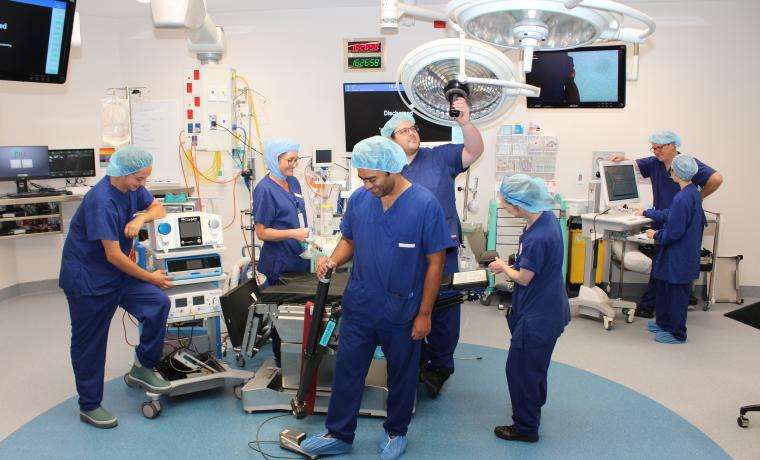 The Theatre team now offering shoulder surgery at Wonthaggi Hospital includes, from left, Theatre Technician Ryan Nestoriwsky, Theatre Nurse Louise McKenzie, Orthopaedic Shoulder Surgeon Dr Gayan Padmasekara, Surgical Resident Dr Jack Maida, Clinical Nurse Specialist Trish Dewar, Anaesthetist Dr Chris Perry and Registrar Julie Le.