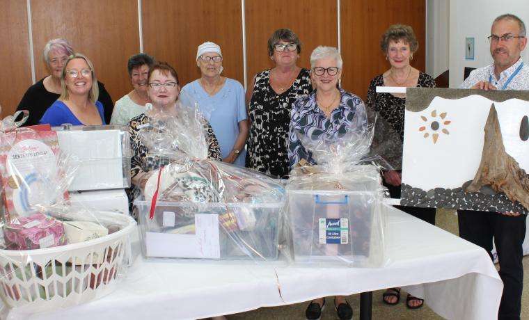 Celebrating the success of the All Auxiliary Raffle for Women’s Health and Maternity services at Bass Coast Health were Auxiliary members and BCH staff, from left, Leonie Thomas, BCH Volunteer and Fundraising Manager Vicki Riley, Gill Scrase, Deb Watson, Marg Hender, Raye Tucker, BCH CEO Jan Child, Barbara Culph and BCH Community Relations Manager Steve Fuery, with raffle prizes.