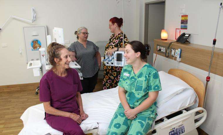 Midwives Pauline Humbert, front left, Gem Murfett, front right, and Shawnte Smith, back right and Midwifery Unit Manager Relle McMillin discuss the high number of births at Bass Coast Health in 2024.