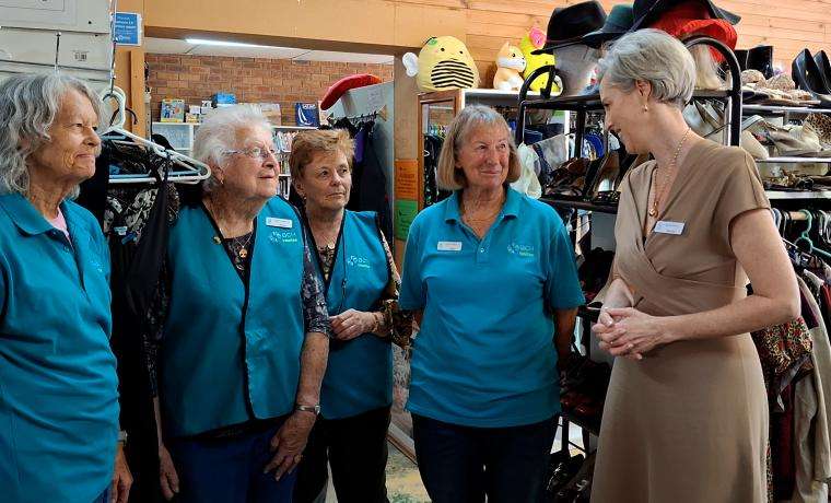 San Remo Opportunity Shop Auxiliary President Sara Fleisner, volunteers Elaine Inglis and Rhonda Thorne, and Secretary Marj Wagland chat with BCH Interim CEO Simone Alexander.