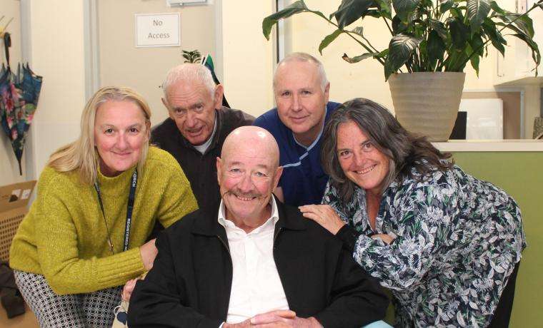 Ian ‘Ricko’ Rixon, centre with Bass Coast Health’s Cardiology Nurses Angela Tiziani, left, Harry Warne, second from right, and Jane Ori, and John Carter from Heart Support Australia.