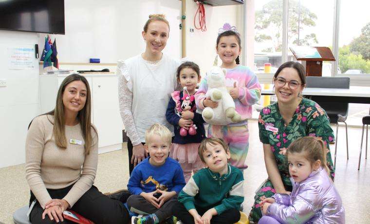 Bass Coast Health’s new Paediatric Occupational Therapist, Jade Potter, left, leads a group session with Speech Pathologist Maddy Caddy and Allied Health Assistant Ella Osborne for children Charlie Zagar, Dante Bennett, Tuscany Bennett, Stefan Zagar and Poppy Cazaly.