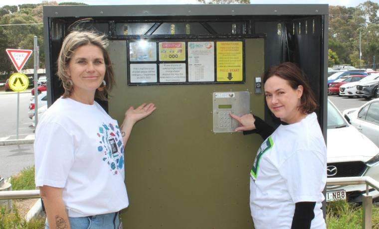 Bass Coast Health’s Alcohol and Other Drugs Clinicians Jasmin Friend and Sandra Smith with the dispensing machine at Wonthaggi Hospital that provides free needles, sharps and swabs for people in our community to reduce the risk of infection and subsequent hospitalisation.