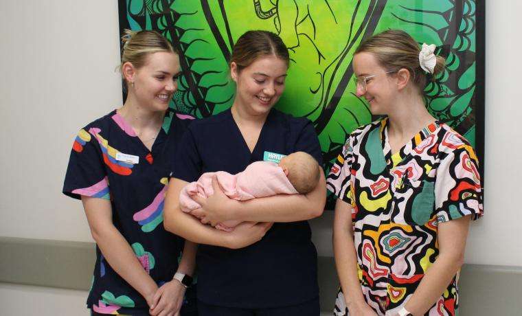 Among the Bass Coast Health Maternity team caring for women are, from left, Student Midwife Amber Turner, Midwife Hayley Furmage with baby Kira Phillip and Midwife Eden Roney.