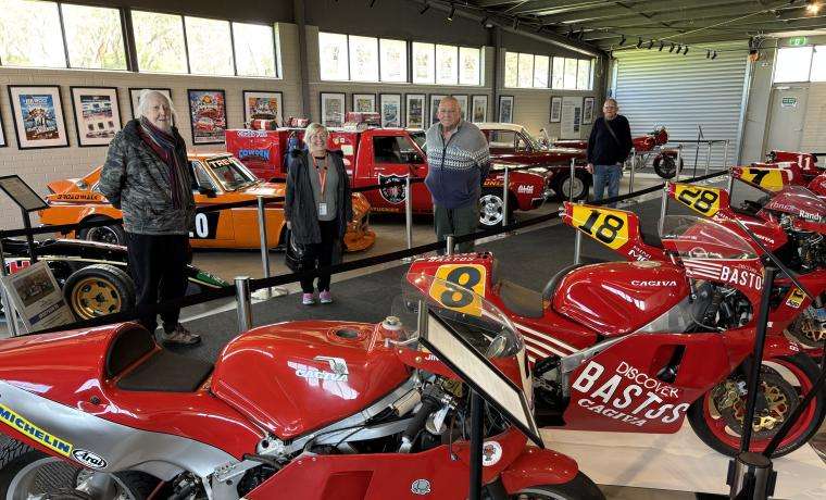 Members of the Bass Coast Health Social Support Group enjoy an outing to the Phillip Island Circuit’s History of Motorsport Display. From left, Don Riegel, Allison Braden from BCH, Richard Casbolt and David Rankin.