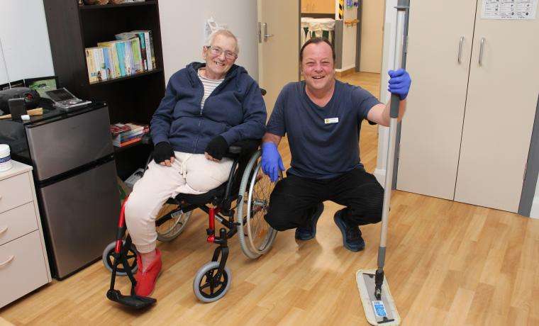 Kirrak House Cleaner Cameron Geer keeps Mavis Baird’s room tidy at Kirrak House residential aged care home at Wonthaggi.