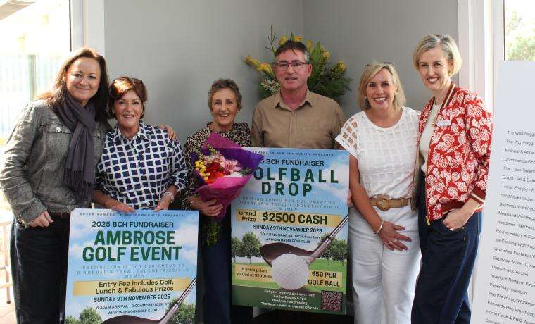 Celebrating the success of the Ambrose Golf Day were, from left, BCH Executive Director Chris Henderson, Alison Adams of Revive Beauty and Spa, helper Faye Zappa, Michael Turton of The Cape Tavern, Melissa Stirton of Headlines Hairdressing and BCH Interim CEO Simone Alexander.