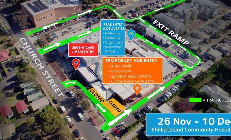 Access to the Ambulatory Care entrance at the Phillip Island Community Hospital will change temporarily from 26 November-10 December while a new accessible carpark is built.